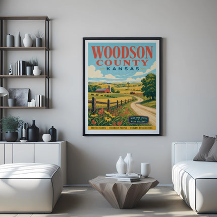 Woodson County, Kansas poster with farms, fields, and text.