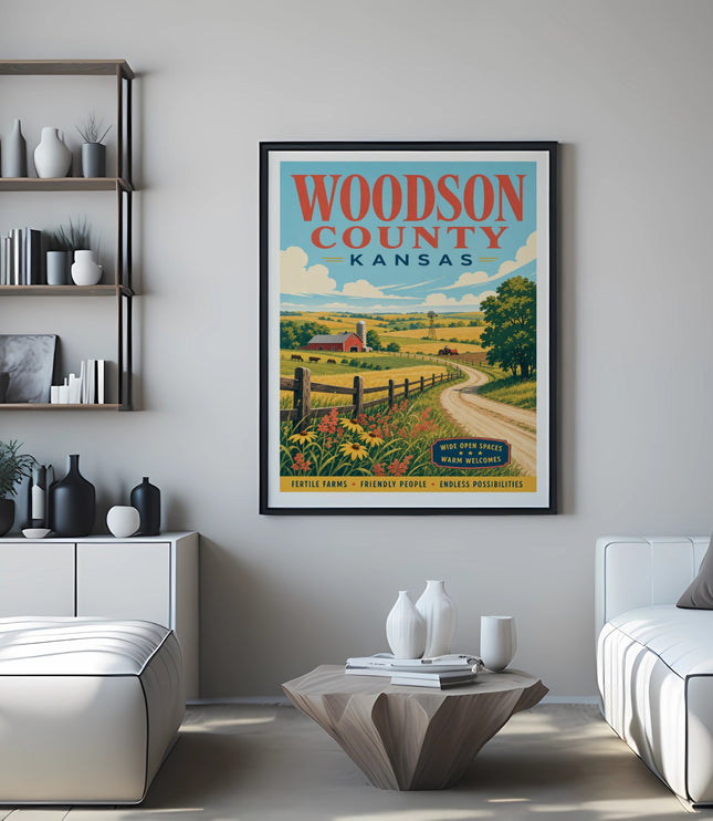 Woodson County, Kansas poster with farms, fields, and text.