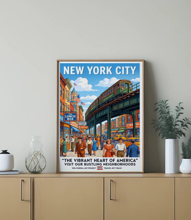 New York City retro travel poster with elevated train and bustling street scene.