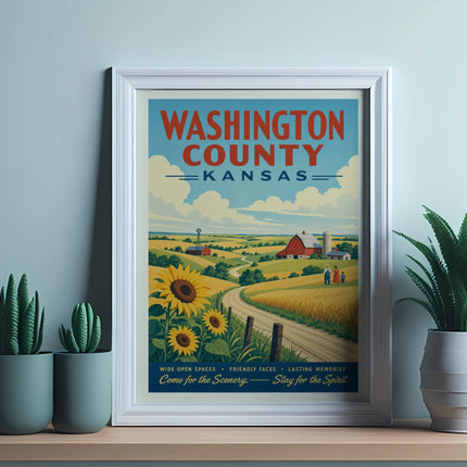 Washington County, Kansas poster with farmland, sunflowers, and text.