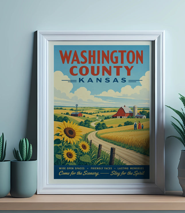 Washington County, Kansas poster with farmland, sunflowers, and text.