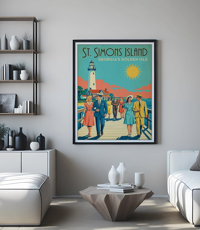 St. Simons Island Georgia art print with lighthouse, sun, and walking people.