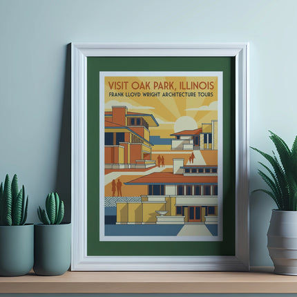 Illustration of Frank Lloyd Wright architecture with text "Visit Oak Park, Illinois"