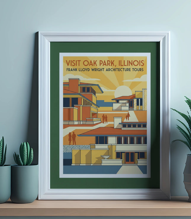 Illustration of Frank Lloyd Wright architecture with text "Visit Oak Park, Illinois"