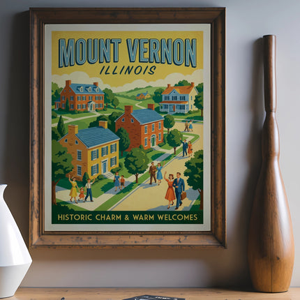 Vintage Mount Vernon, Illinois travel poster with houses, people, and text.