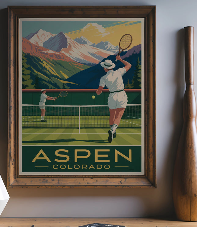 Vintage Aspen Colorado tennis poster with two players on a court.