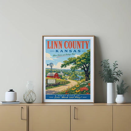 Linn County, Kansas poster with barn, fields, and text.