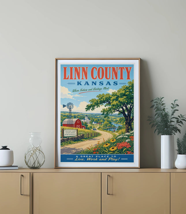 Linn County, Kansas poster with barn, fields, and text.