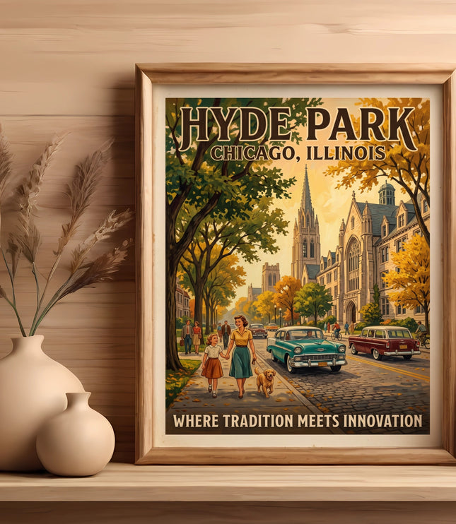 Hyde Park Chicago Illinois poster with a family walking, vintage cars, and buildings.