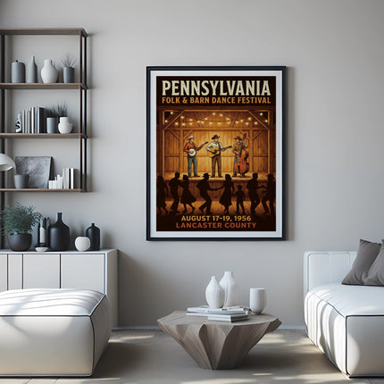 Pennsylvania Folk & Barn Dance Festival poster with band and dancers.