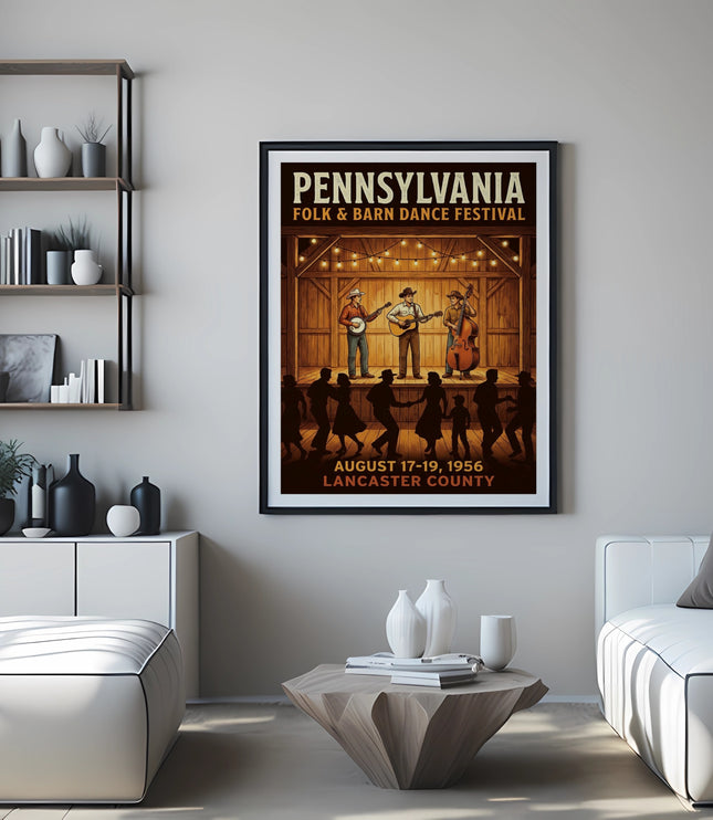 Pennsylvania Folk & Barn Dance Festival poster with band and dancers.