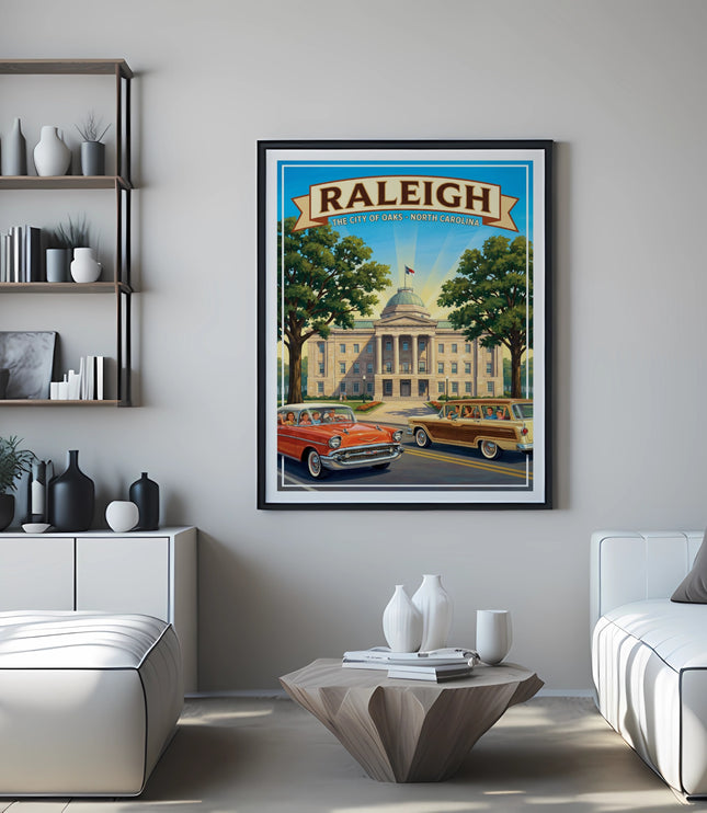 Raleigh, North Carolina art print showing the capitol building and vintage cars.