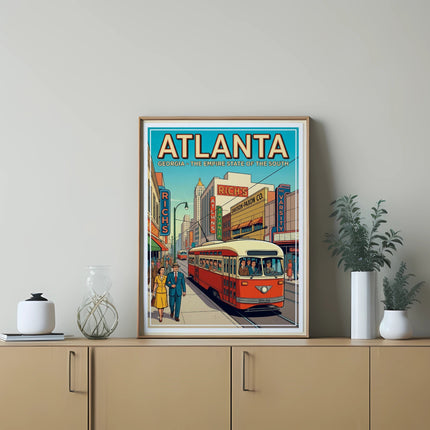Vintage Atlanta streetcar art with text "ATLANTA GEORGIA".