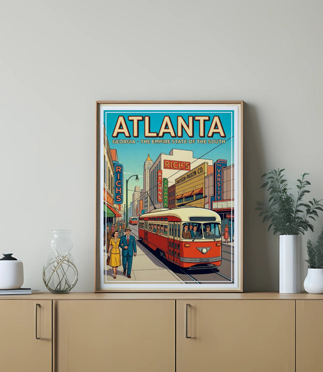 Vintage Atlanta streetcar art with text "ATLANTA GEORGIA".