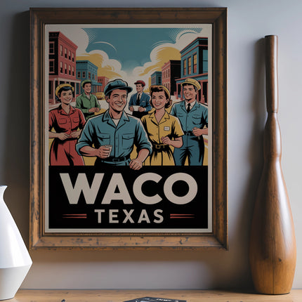 Retro Waco Texas poster featuring smiling people in a city scene.