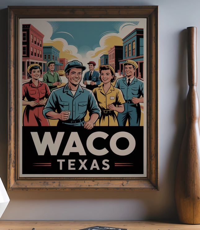 Retro Waco Texas poster featuring smiling people in a city scene.