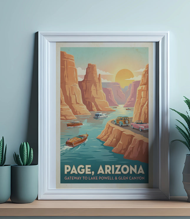 Poster of Page, Arizona with boats on water and canyons at sunset.