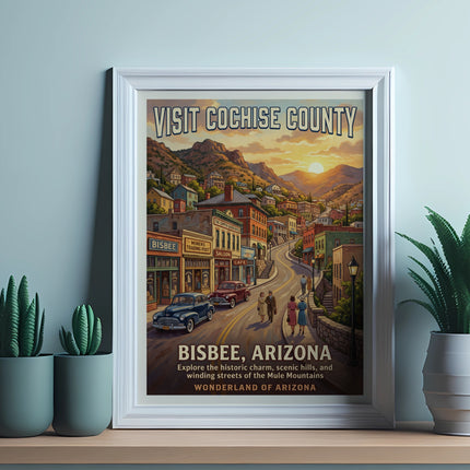 Vintage poster of Bisbee, Arizona featuring "Visit Cochise County" and "Wonderland of Arizona".