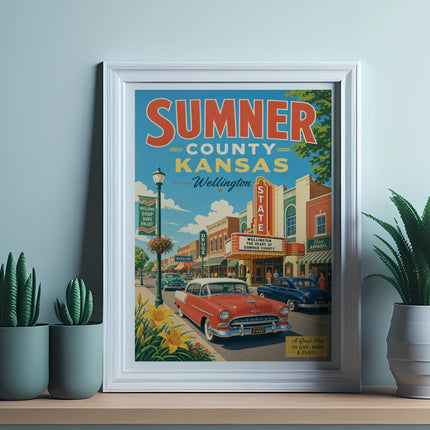 Sumner County, Kansas vintage travel poster showing Wellington Main Street.