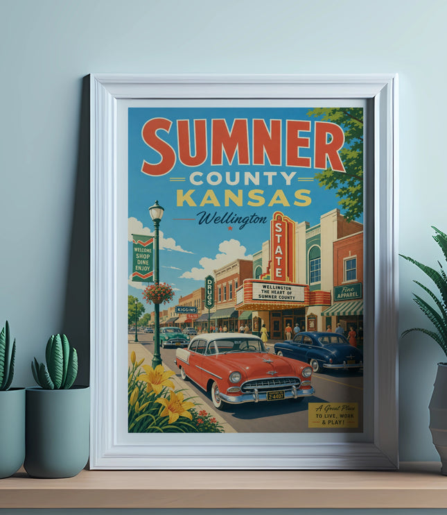 Sumner County, Kansas vintage travel poster showing Wellington Main Street.