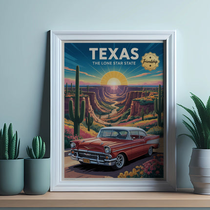 Red vintage car in desert landscape with "TEXAS THE LONE STAR STATE" text.