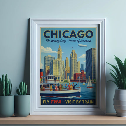 Chicago skyline with TWA advertisement, depicting a boat and cityscape.