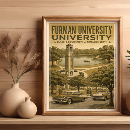 Furman University vintage poster featuring a clock tower, lake, cars, and people.
