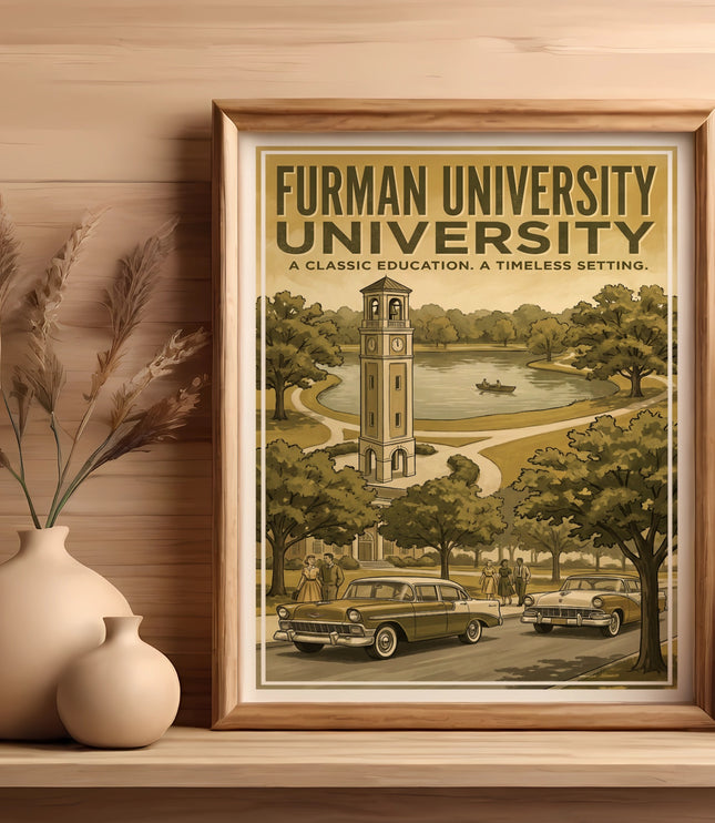 Furman University vintage poster featuring a clock tower, lake, cars, and people.