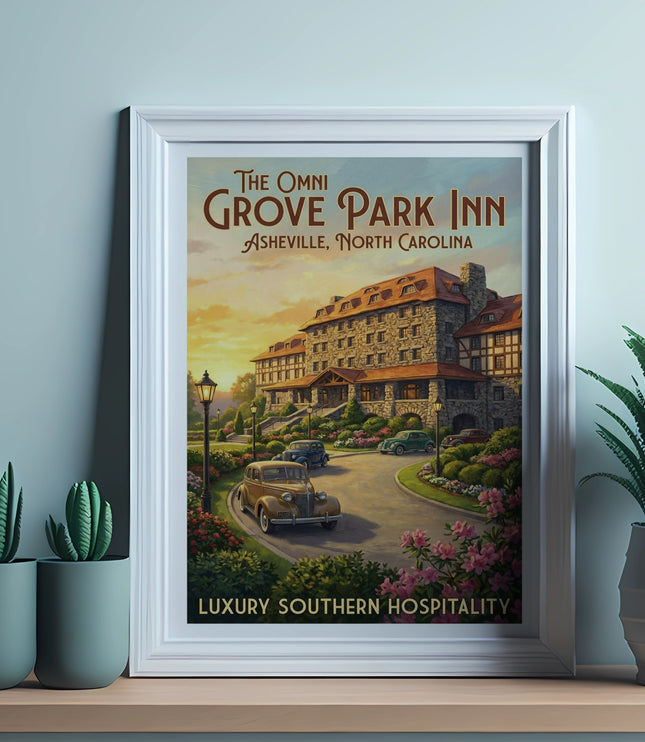 The Omni Grove Park Inn Asheville, North Carolina vintage travel poster.