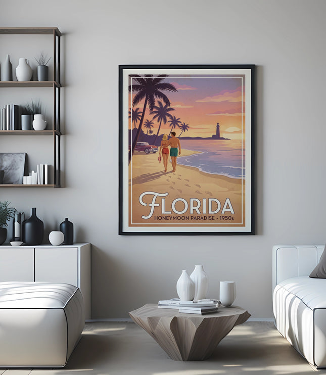 Retro Florida Honeymoon Paradise 1950s poster with couple on beach at sunset.