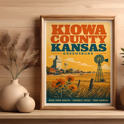 Kiowa County Kansas vintage travel poster with sunflowers and windmill.