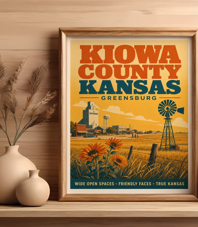 Kiowa County Kansas vintage travel poster with sunflowers and windmill.