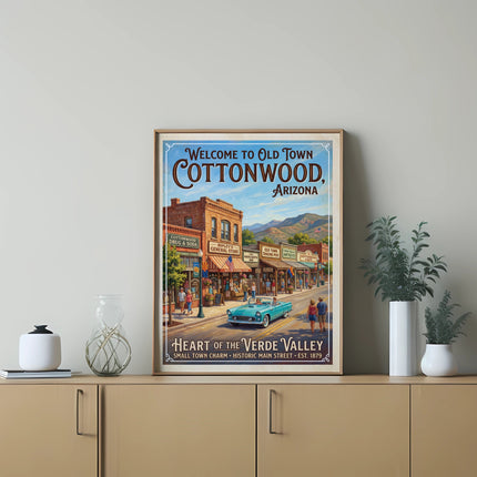 Cottonwood, Arizona vintage travel poster with vintage shops and convertible.