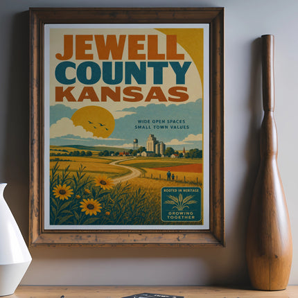 Vintage travel poster for Jewell County, Kansas, featuring a rural landscape.
