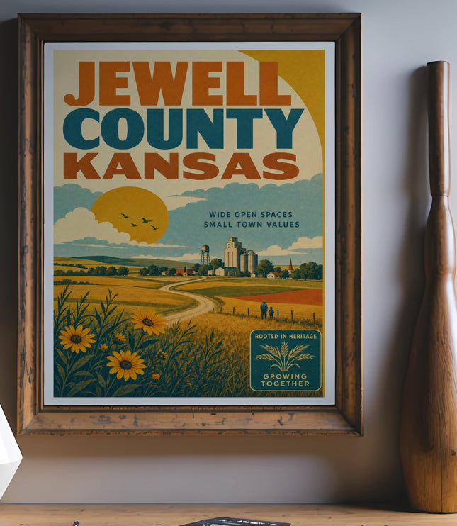 Vintage travel poster for Jewell County, Kansas, featuring a rural landscape.