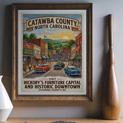 Catawba County, North Carolina poster with vintage downtown scene and text.