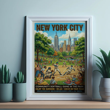 New York City community softball game in the park, 1940s lithograph.