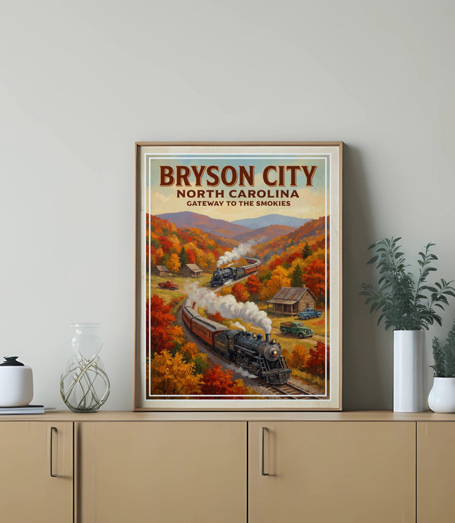 Vintage poster with steam trains and text for Bryson City, North Carolina.
