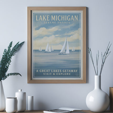Lake Michigan serene shores vintage travel poster with sailboats and text.