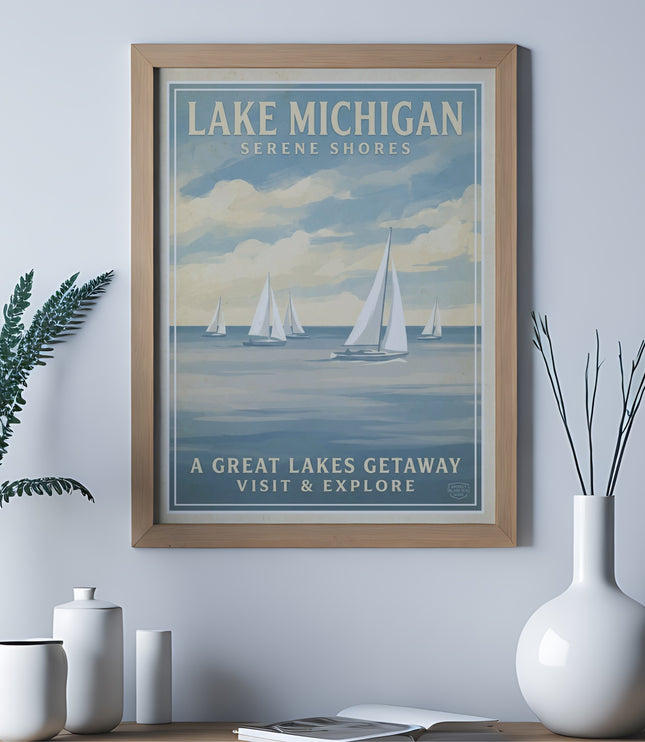Lake Michigan serene shores vintage travel poster with sailboats and text.