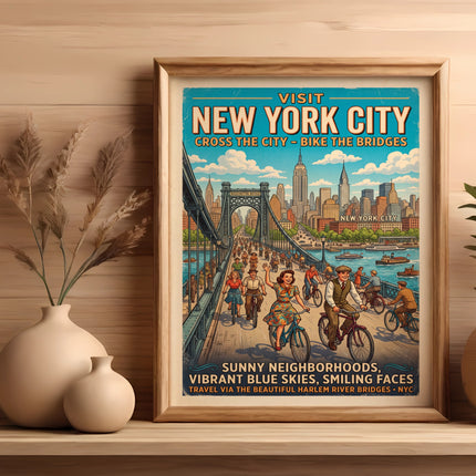 Vintage travel poster of people biking across a bridge in New York City.