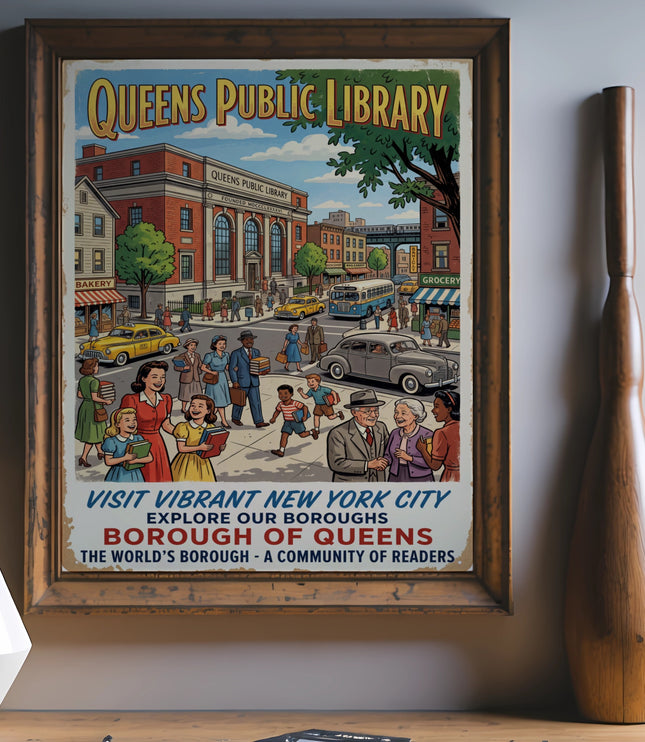 Vintage poster for Queens Public Library featuring a street scene with people and buildings.