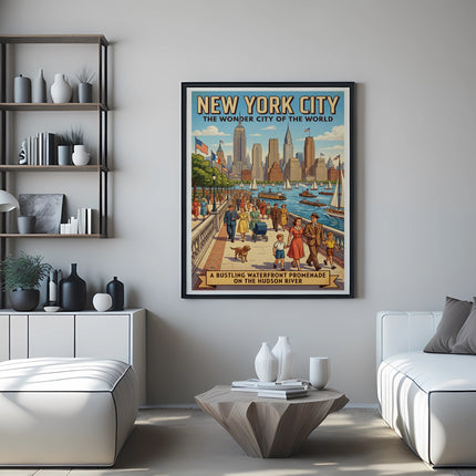 New York City skyline poster with people on a Hudson River promenade.