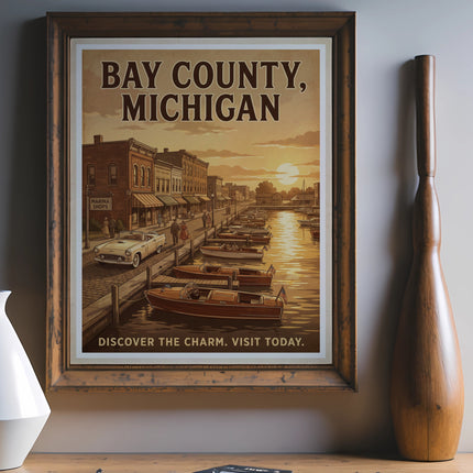 Poster for Bay County, Michigan with vintage boats and buildings at sunset.