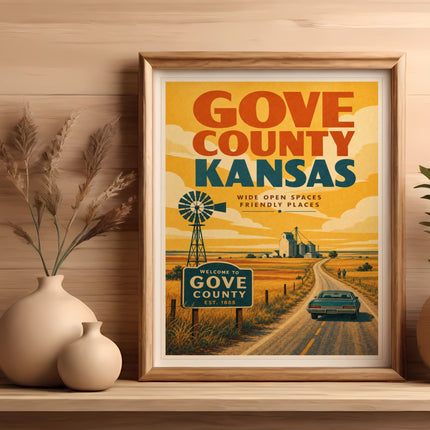 Vintage Gove County Kansas travel poster with windmill and car.