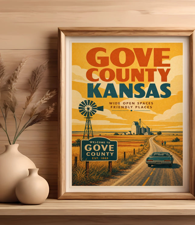 Vintage Gove County Kansas travel poster with windmill and car.