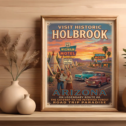 Vintage poster of Holbrook Arizona featuring Wigwam Motel and Route 66.