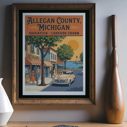 Allegan County, Michigan Saugatuck Lakeside Charm vintage poster with lighthouse and classic car.