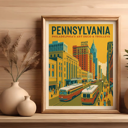 Vintage Pennsylvania train station poster featuring suburban trains and city buildings.