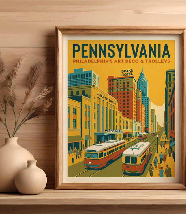 Vintage Pennsylvania train station poster featuring suburban trains and city buildings.